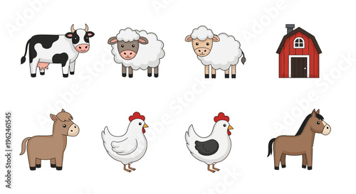 Farm animals and horse standing together.