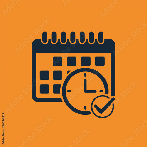 Calendar clock with check mark icon.