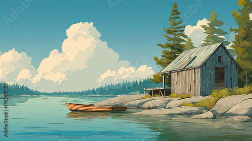 Rustic cabin and rowboat on serene lake with surrounded by pine forest.