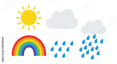 Rainbow with raindrops and sunshine.