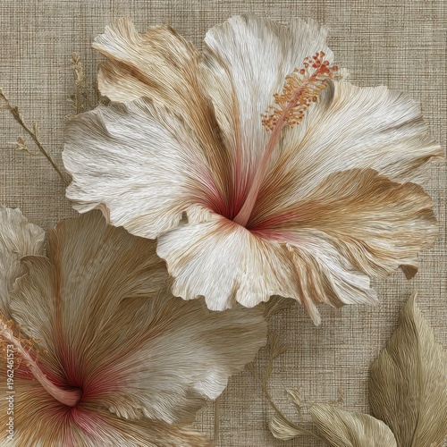 Close up of elegant hibiscus flowers in full bloom with textured background