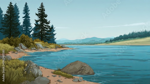 Serene Lakeside Vista Evergreen Forest Meets Calm Blue Water.