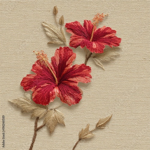 Embroidered hibiscus flowers on textured fabric background closeup illustration