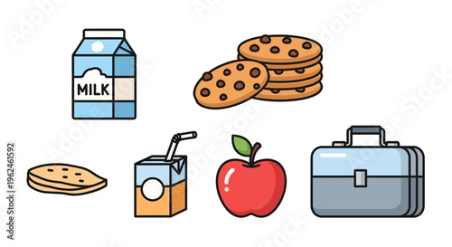 School lunch food and drink items.