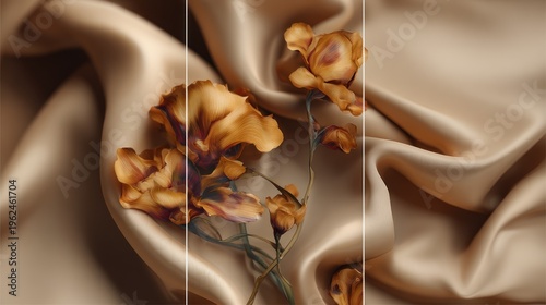 Elegant floral arrangement with delicate flowers on smooth flowing fabric