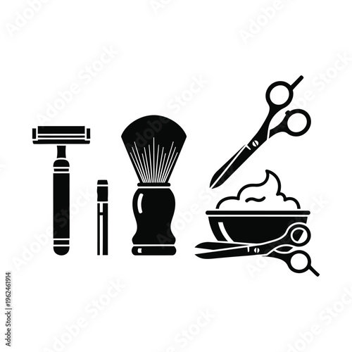 Barber Shop Tools and Shaving Equipment Icons Including Razor Brush and Scissors Silhouette Set