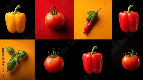 Colorful vegetables arrangement isolated against black background for food design