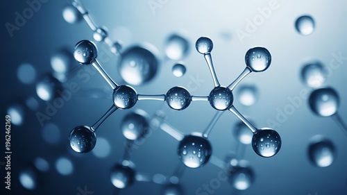 Water droplets on molecular structure with blue background and bokeh effect