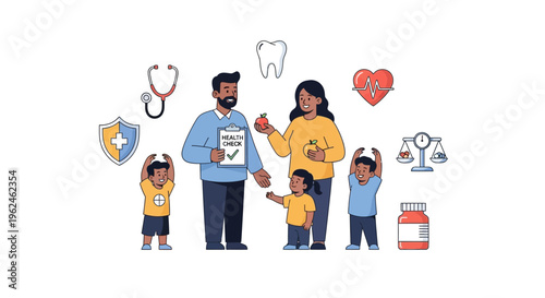 Happy Family with Health Checkup and Wellness Icons - Healthy Lifestyle, Nutrition & Preventative Medical Care Illustration