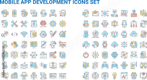 Vector illustration of mobile app development icons set featuring coding, cloud services, AI, security, data analysis, and user interface design