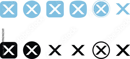 Vector illustration of multiple “X” icons in blue and black styles, representing cancel, close, error, and user interface design