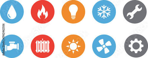Vector illustration of utilities and mechanical system icons including water, fire, electricity, cooling and tools