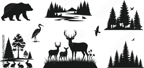 Black silhouettes of forest animals and trees on white background for nature designs and crafts