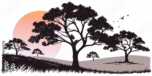 A serene landscape with trees and a sunset