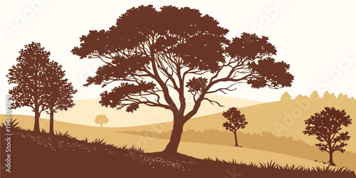 A brown illustration of trees on a hill