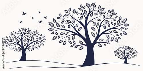 A group of trees with leaves and birds flying overhead