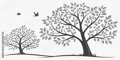 Two trees with leaves and birds flying overhead