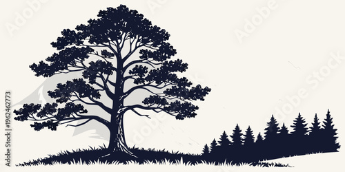 A large tree standing on a hill with smaller trees in the background