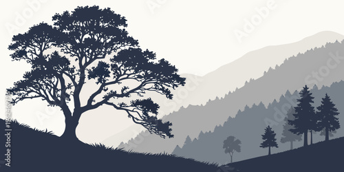A tree on a hill with mountains in the background