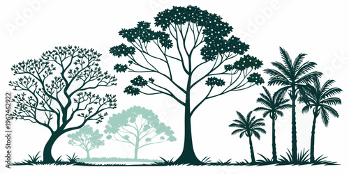 A group of trees and palm trees on a grassy field