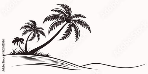 Black silhouette of three palm trees on a small island