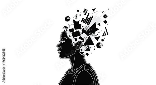 Black silhouette of a woman with creative thoughts and ideas exploding from her head