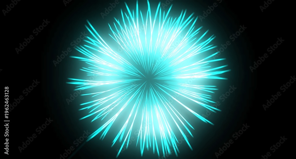 Fototapeta premium Vibrant cyan light burst radiates outward like an abstract firework explosion against a deep black background creating dynamic energy