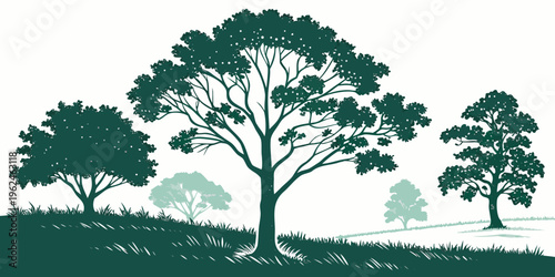 A group of trees on a grassy hill