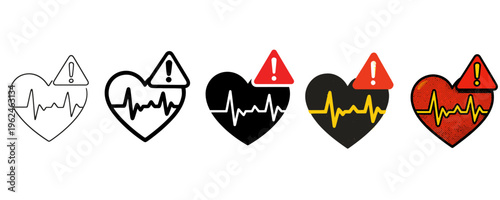 Heart icons with warning signs and ecg lines in various colors and styles