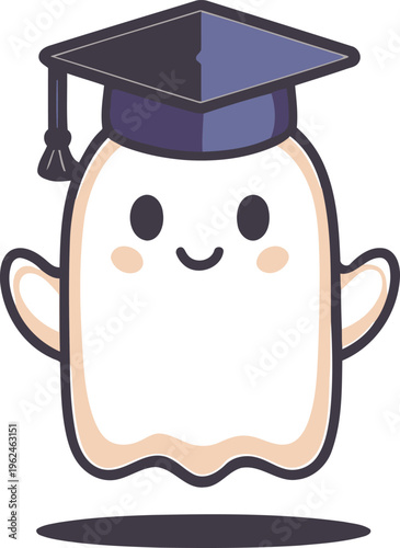 A cute cartoon ghost wearing a graduation cap and tassel floating cheerfully high quality professional detailed