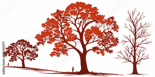 A set of three trees with a person standing under one