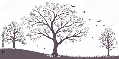 Bare trees on a hill with birds flying overhead