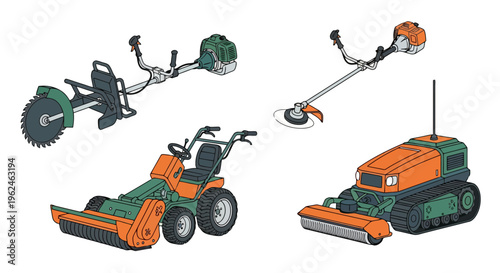 Vector illustration set of modern agricultural and garden maintenance equipment including string trimmer, robotic mower, flail mower, and power saw isolated on white background