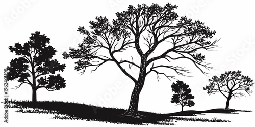 Black silhouette of trees on a grassy hill