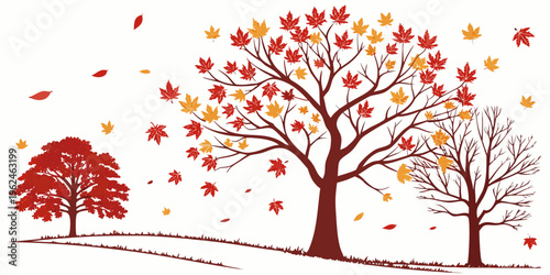 Three trees with leaves falling in autumn