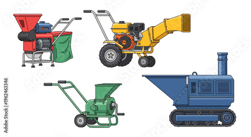 Set of garden wood chipper and shredder machines for organic waste disposal, forestry maintenance, and farm work illustration