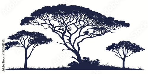 Three trees with grass and bushes on a plain