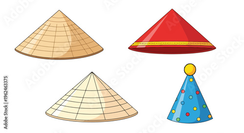 Set of Traditional Asian Conical Straw Hats and Colorful Party Hat Illustration Isolated on White Background