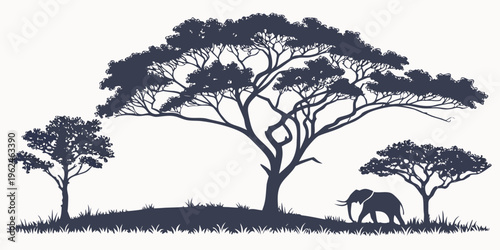 Elephant walking under trees on savannah