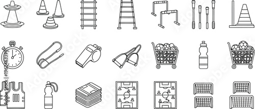 A variety of athletic training tools including agility ladders, hurdle markers, traffic cones, and measuring implements are displayed as simple vector outlines.