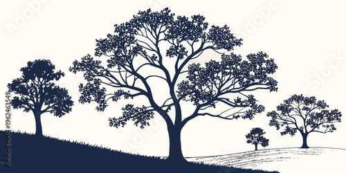 Four trees on a hillside