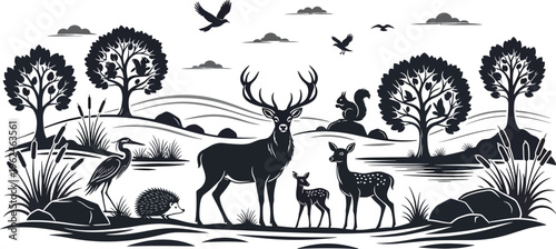 A serene forest landscape with deer and fawns in a natural setting with trees and birds flying