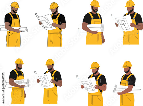 Professional construction engineer architect set wearing yellow hard hat and overalls holding blueprints for building project site