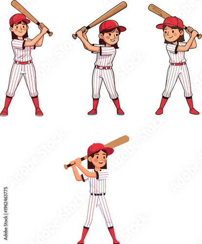 Young girl baseball player character set holding bat in hitting stance wearing red uniform and cap vector illustration isolated on white