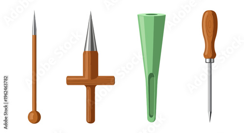 Set of gardening dibbers for planting seeds and seedlings, farm tool vector illustration
