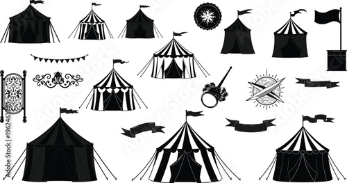 Vintage circus tent vector collection, carnival fairground illustration, retro festival design, black white circus artwork, big top elements