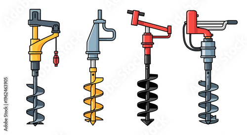 Set of Various Earth Auger Drill Tools for Farming and Gardening, Post Hole Digger Equipment Vector Illustration Isolated on White Background