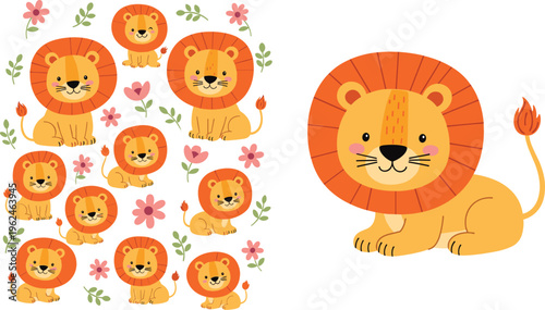 Cute Lion Cartoon Set with Floral Elements and Multiple Character Poses for Kids Nursery Design Safari Animal Vector Illustration Collection