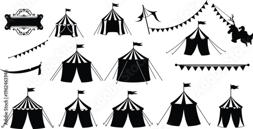 Vintage circus tent vector collection, carnival festival artwork, retro fairground design, black white circus illustration, big top elements