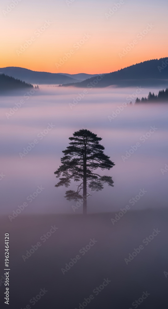 custom made wallpaper toronto digitalSolitary pine tree fog valley dawn minimalist moody landscape conifer sunrise pastel horizon
